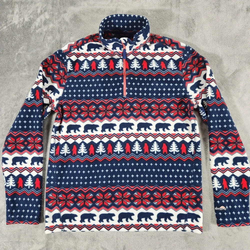 Chubbies‎ Fleece Pullover Mens Medium Blue Red Fair Isle Bear Tree Quarter Zip